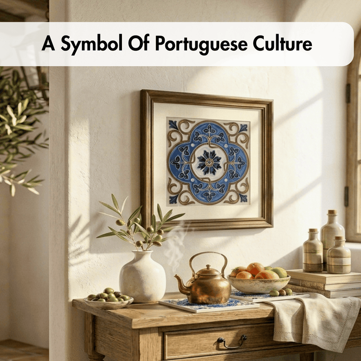 Decorative wall art with a floral pattern in a frame, placed on a wooden surface with a teapot and fruit bowl.