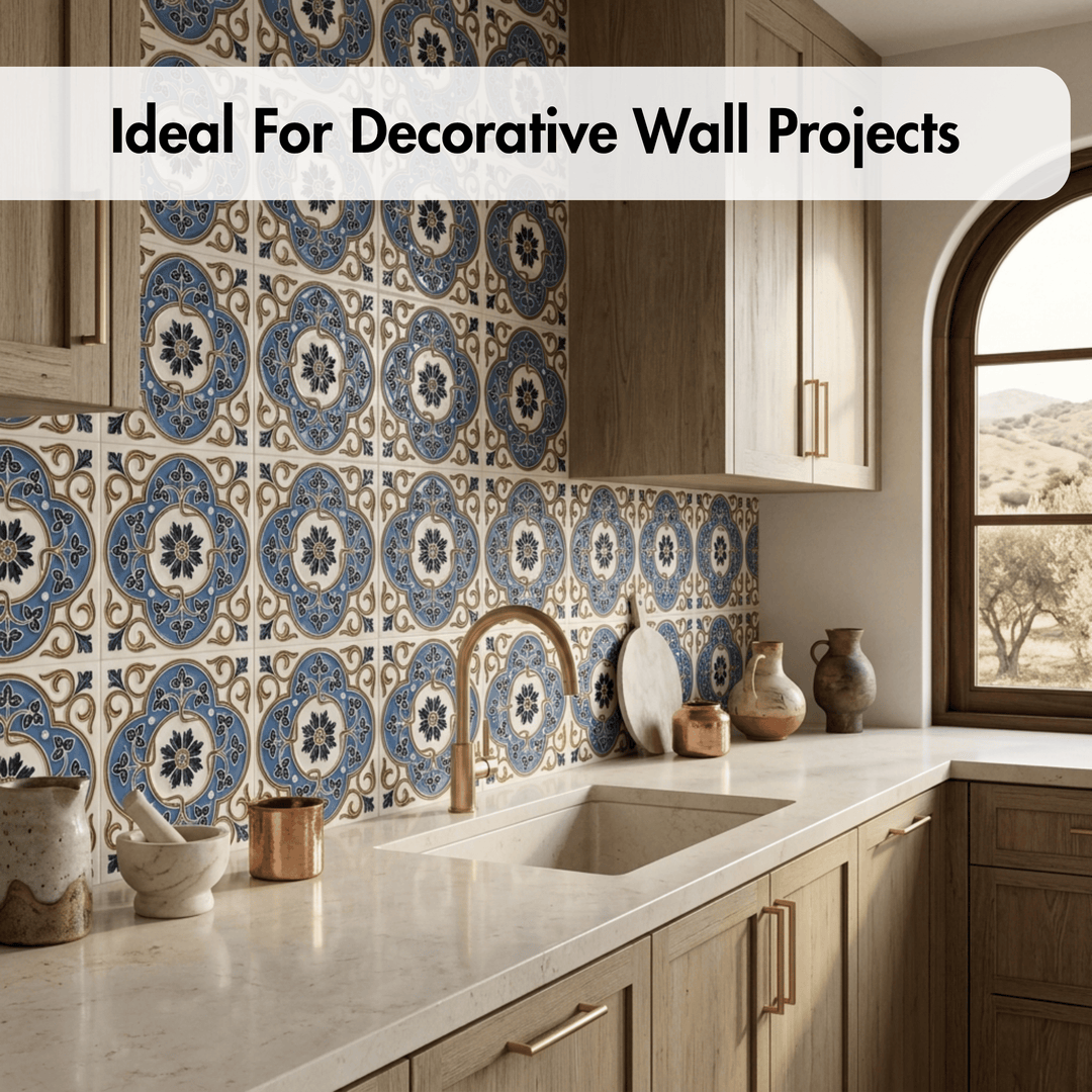 Kitchen with decorative wall tiles and text 'Ideal For Decorative Wall Projects'.