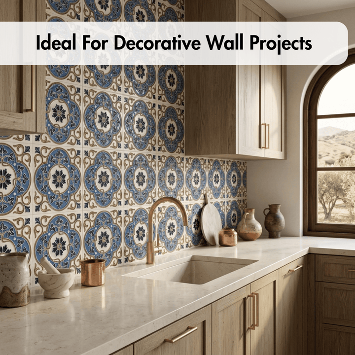 Kitchen with decorative wall tiles and text 'Ideal For Decorative Wall Projects'.