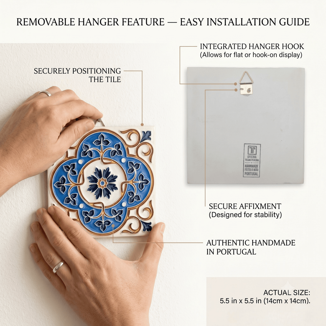 Decorative tile with removable hanger feature and installation guide on a white background