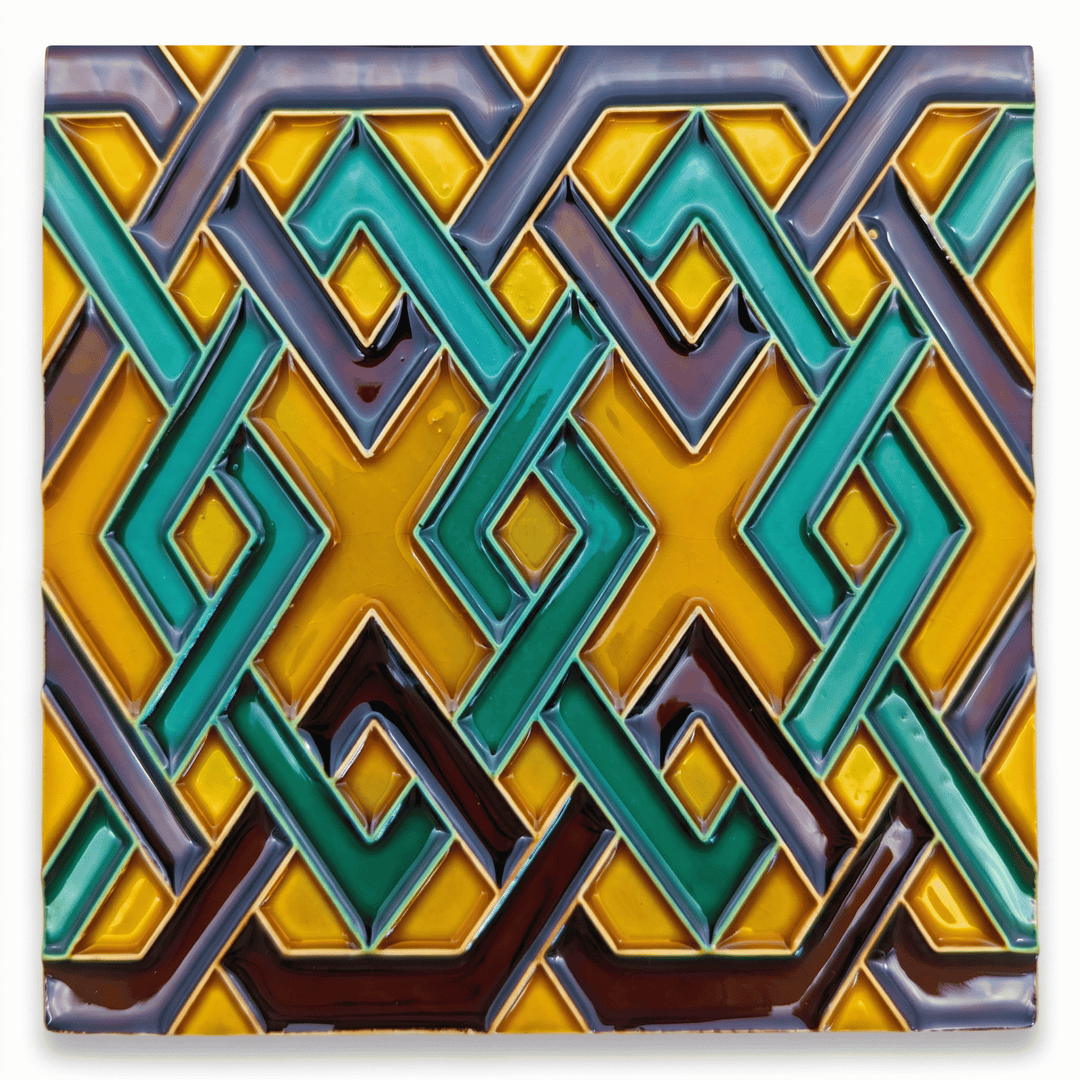 A square decorative tile featuring a glossy, raised geometric interlocking pattern in yellow, teal, green, and dark brown.