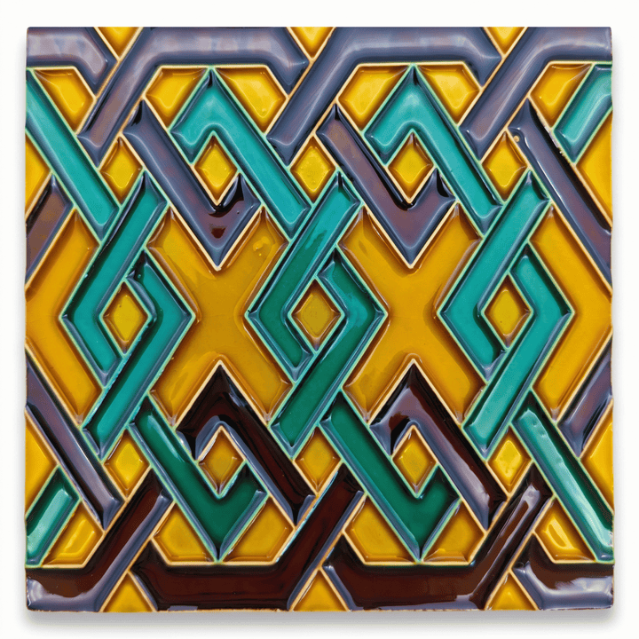 A square decorative tile featuring a glossy, raised geometric interlocking pattern in yellow, teal, green, and dark brown.