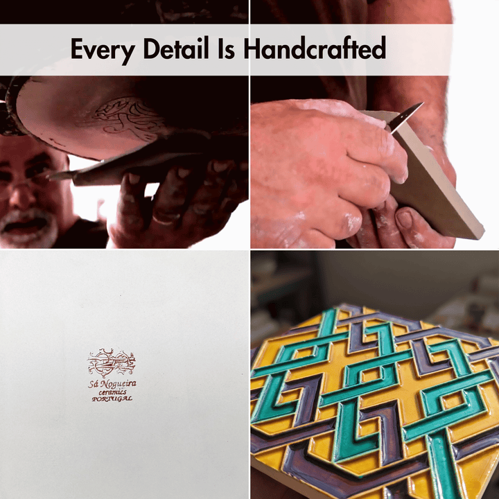 A four-panel collage showcasing the handcrafted nature of a decorative tile. The top-left panel shows a craftsman holding a tile, with the text &