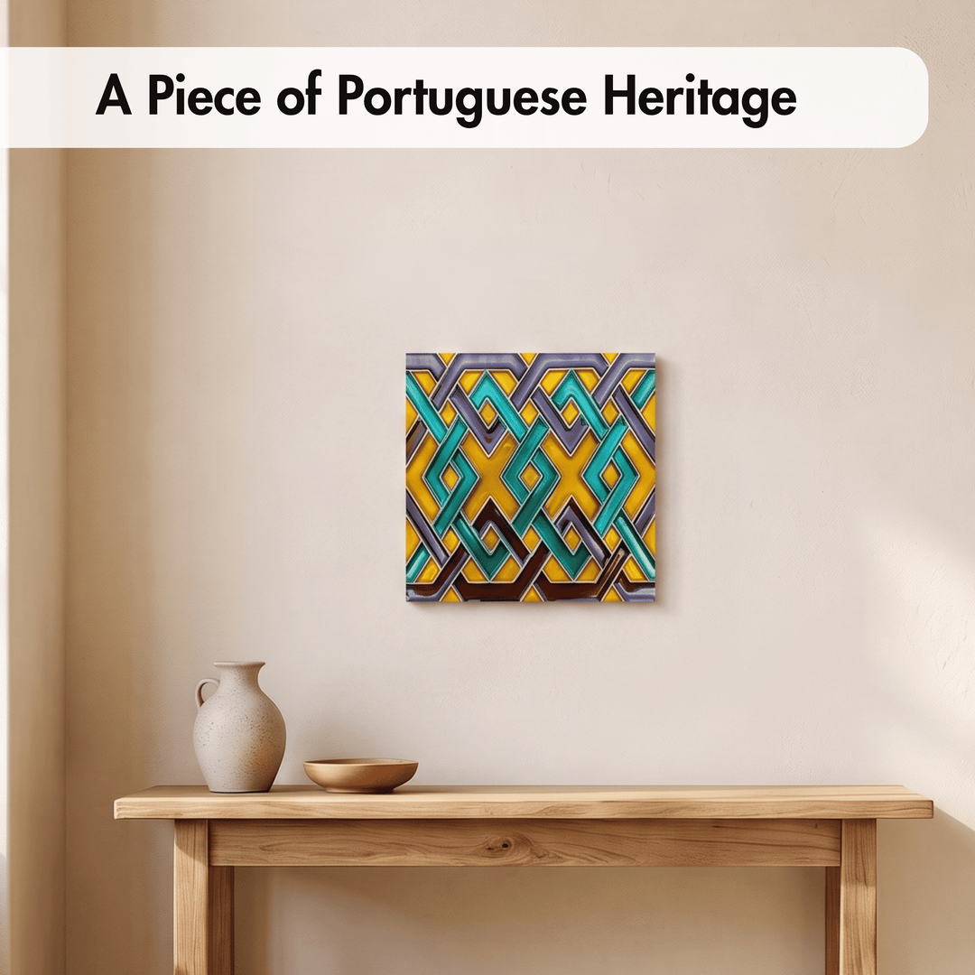 A square canvas wall art print featuring a colorful geometric pattern in teal, yellow, and purple, displayed on a beige wall above a wooden console table with a vase and bowl. A text banner at the top reads &