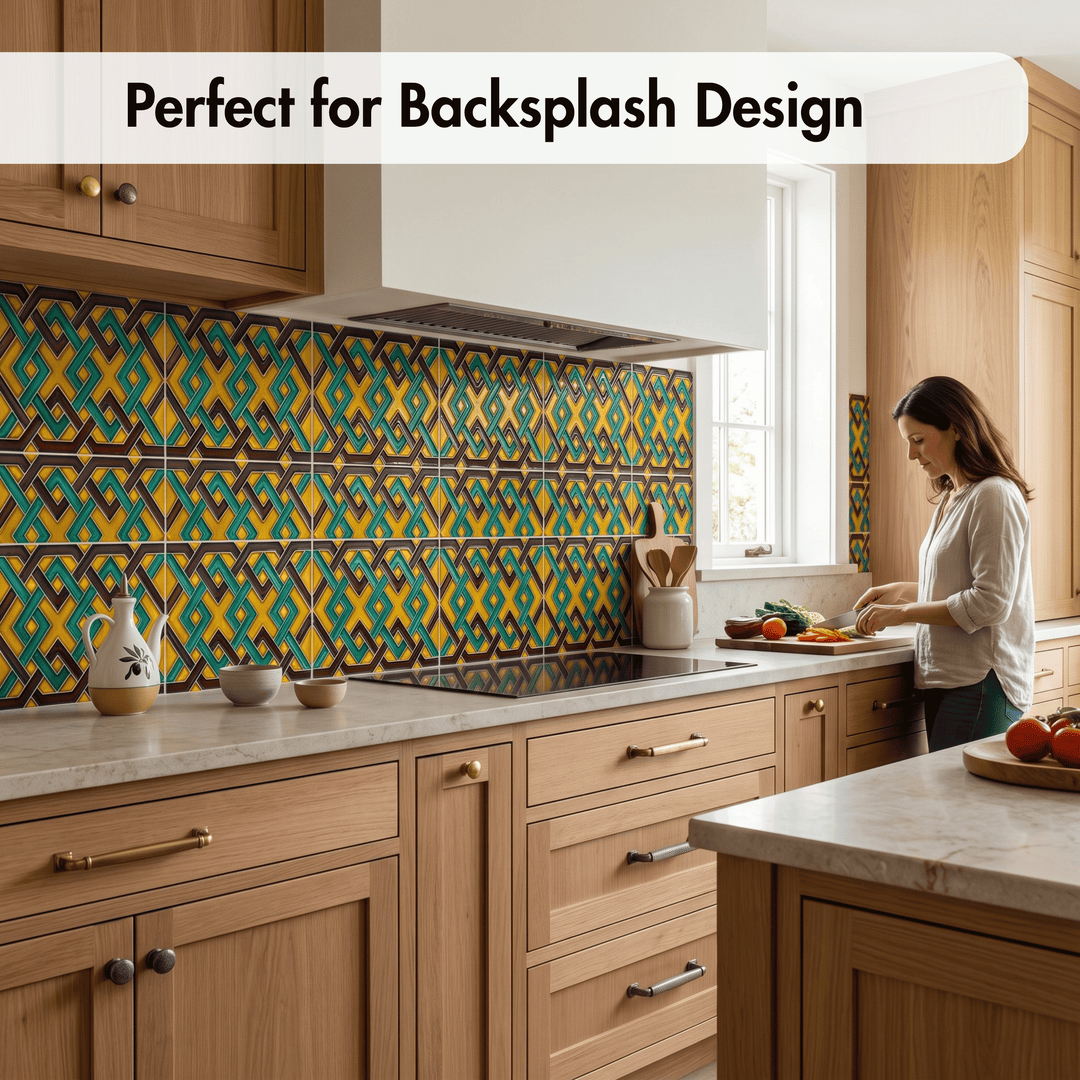 A woman preparing food in a modern kitchen with light wood cabinets and a colorful geometric patterned backsplash. A white banner at the top reads &