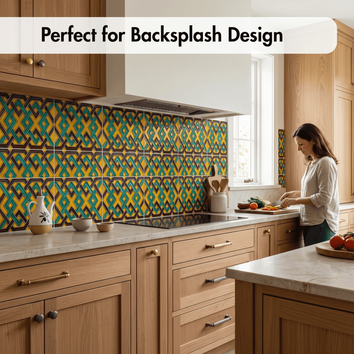 A woman preparing food in a modern kitchen with light wood cabinets and a colorful geometric patterned backsplash. A white banner at the top reads &