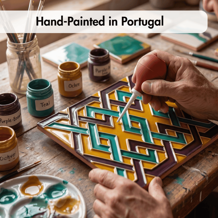 A close-up of hands hand-painting a decorative ceramic tile with a geometric pattern in yellow, teal, and purple glazes. The scene is set on a rustic wooden workbench surrounded by paint jars, brushes, and a paint palette, with a text overlay at the top reading &