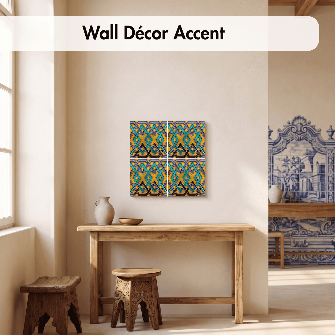 A 4-panel canvas wall art set featuring a vibrant geometric pattern in teal, yellow, black, and white, displayed on a beige wall above a wooden console table in a styled room setting.