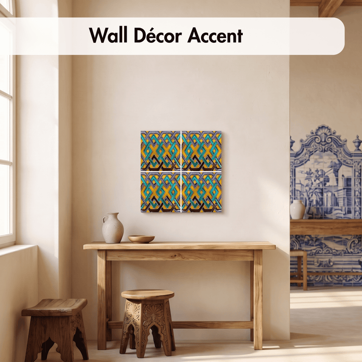 A 4-panel canvas wall art set featuring a vibrant geometric pattern in teal, yellow, black, and white, displayed on a beige wall above a wooden console table in a styled room setting.