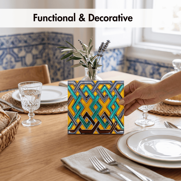 A hand holds a square decorative tile or coaster with a bold geometric pattern in yellow, teal, blue-gray, and brown on a wooden dining table. The scene includes plates, glasses, napkins, and a vase with greenery, and the text &