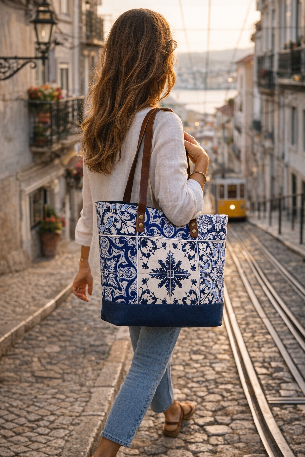 Woman walking down a street with a blue and white patterned tote bag