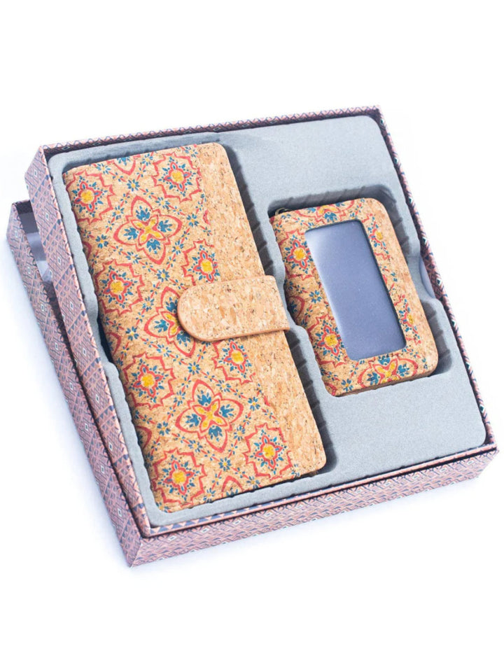 Elegant Portuguese Tiles Cork Wallet Set for Women's - Stylish Gift Box Duo