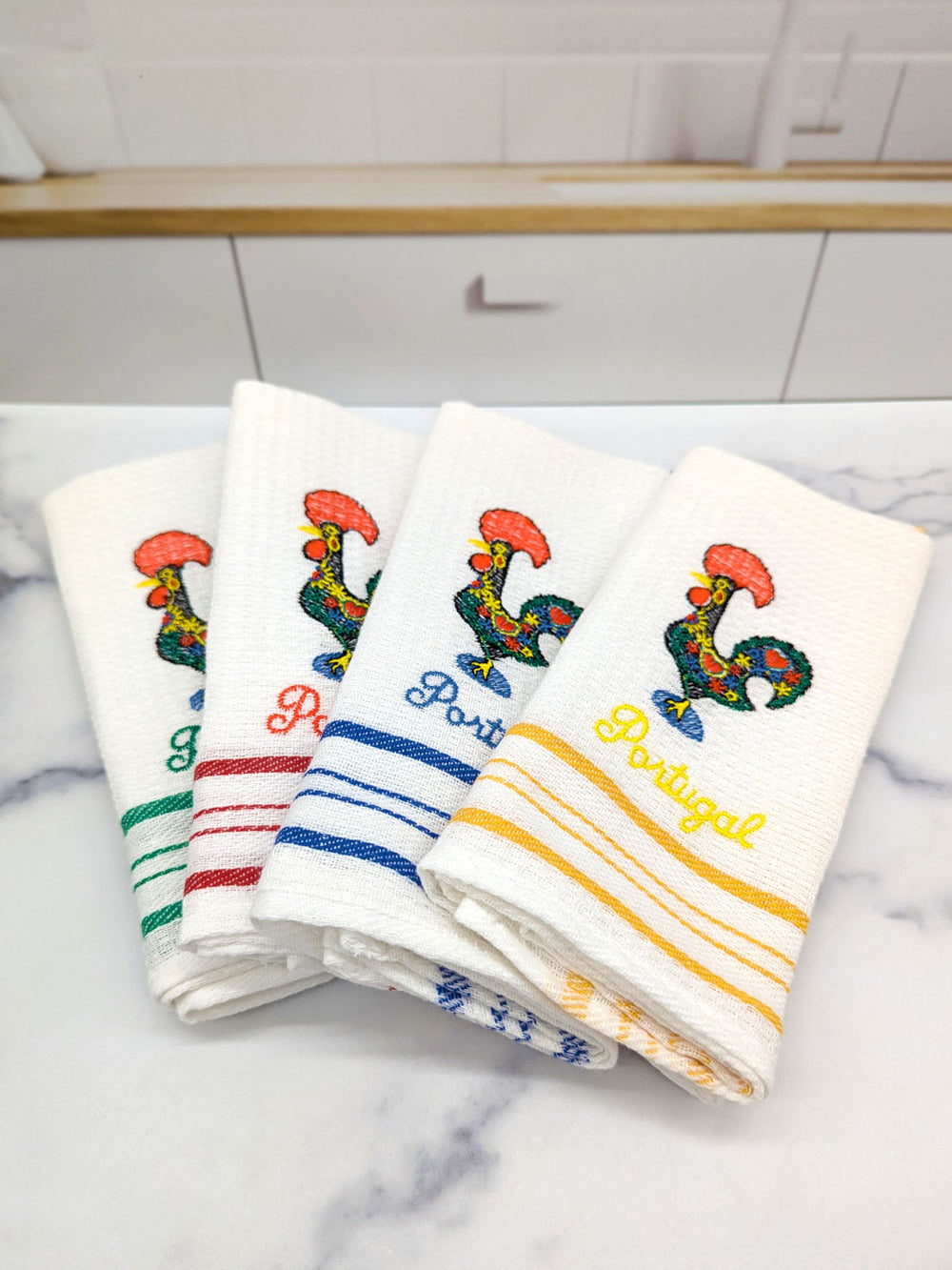 Embroidered Portuguese Rooster Dish Towels Set of 4 with Gift Box