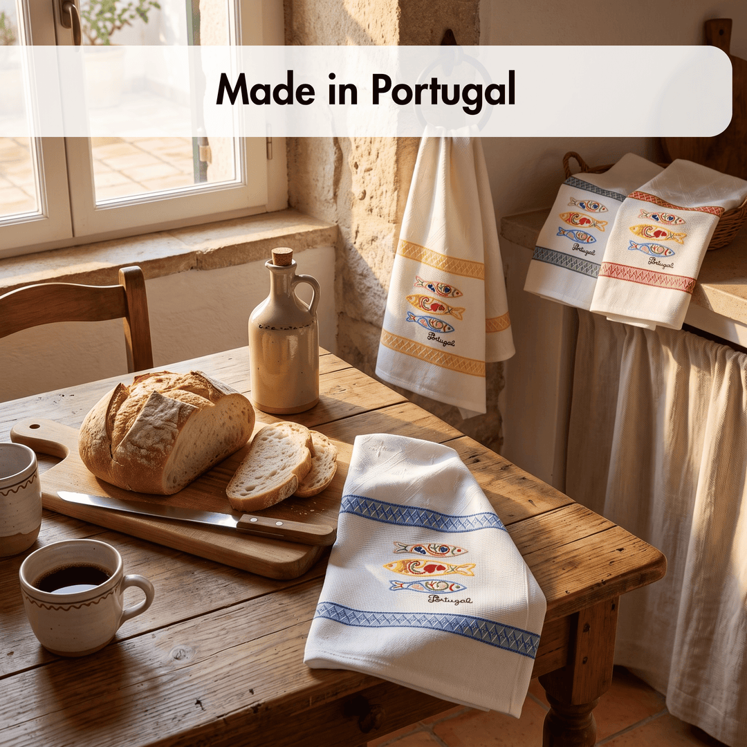 Three white kitchen towels with colorful embroidered fish patterns and blue borders are displayed in a rustic kitchen setting. One towel hangs on a hook near a stone wall, while two others are draped over a counter.