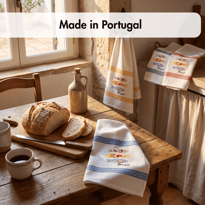 Three white kitchen towels with colorful embroidered fish patterns and blue borders are displayed in a rustic kitchen setting. One towel hangs on a hook near a stone wall, while two others are draped over a counter.