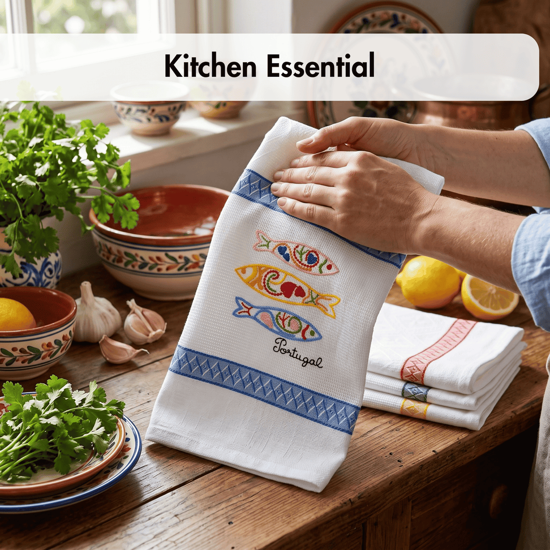 A white kitchen towel with embroidered colorful fish and the word &