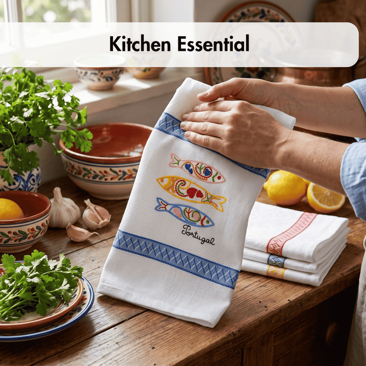 A white kitchen towel with embroidered colorful fish and the word &