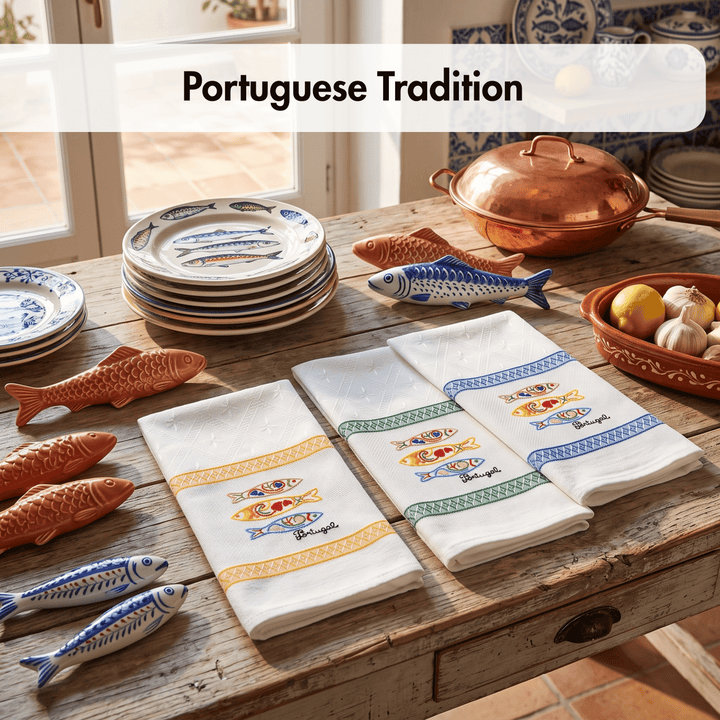 Three white kitchen towels with colorful embroidered fish patterns and blue decorative borders are displayed on a rustic wooden table, surrounded by matching ceramic plates, decorative fish figurines, a copper lidded pot, and a bowl of lemons and garlic. A text overlay at the top reads &