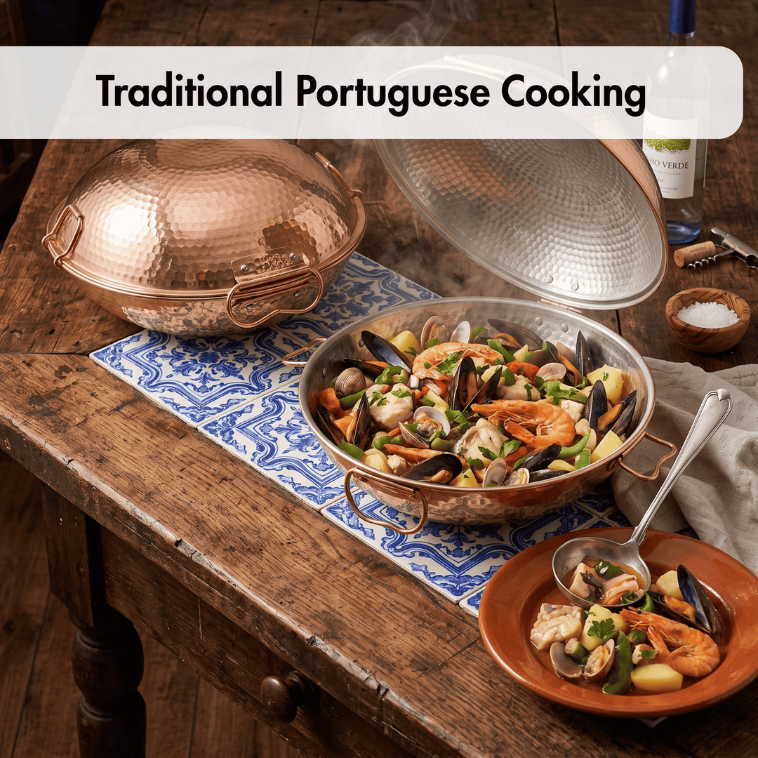 A copper paella pan filled with seafood stew sits on a rustic wooden table, with its hammered copper lid resting beside it on a blue-and-white patterned cloth. A smaller terracotta bowl with a spoon is shown in front, and the text &