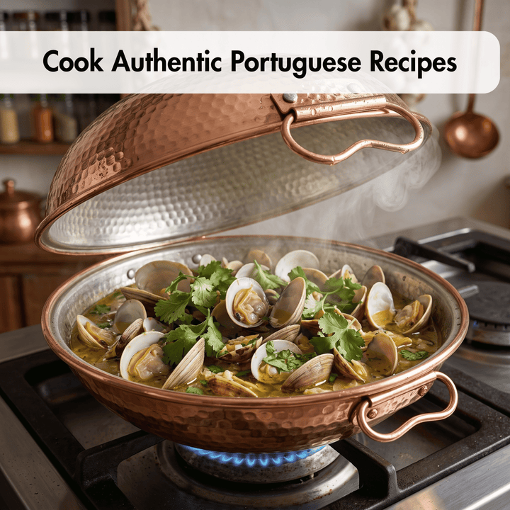 A copper-colored hammered pot filled with cooked clams and green herbs, sitting on a gas stove with a lid propped open. A text banner at the top reads &
