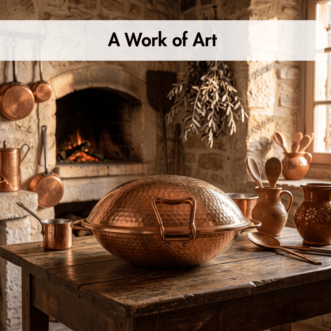 A hammered copper Portuguese Cataplana sits on a rustic wooden table in a warm, stone-walled kitchen with a fireplace, hanging copper pots, and ceramic pitchers. A white banner at the top reads &