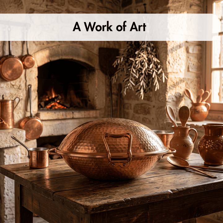 A hammered copper Portuguese Cataplana sits on a rustic wooden table in a warm, stone-walled kitchen with a fireplace, hanging copper pots, and ceramic pitchers. A white banner at the top reads &