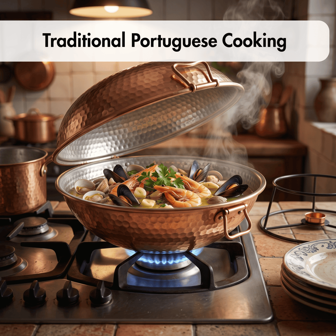 A copper Portuguese Cataplana sits on a gas stove burner with a blue flame, lifting to reveal a steaming seafood dish of mussels, shrimp, and clams. The scene is set in a warm, rustic kitchen with other copper cookware, and a text banner at the top reads &