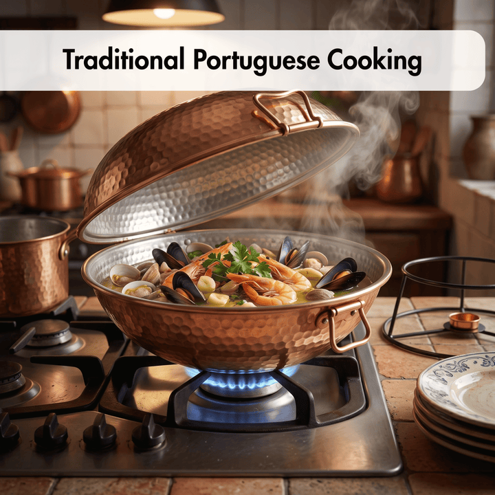 A copper Portuguese Cataplana sits on a gas stove burner with a blue flame, lifting to reveal a steaming seafood dish of mussels, shrimp, and clams. The scene is set in a warm, rustic kitchen with other copper cookware, and a text banner at the top reads &