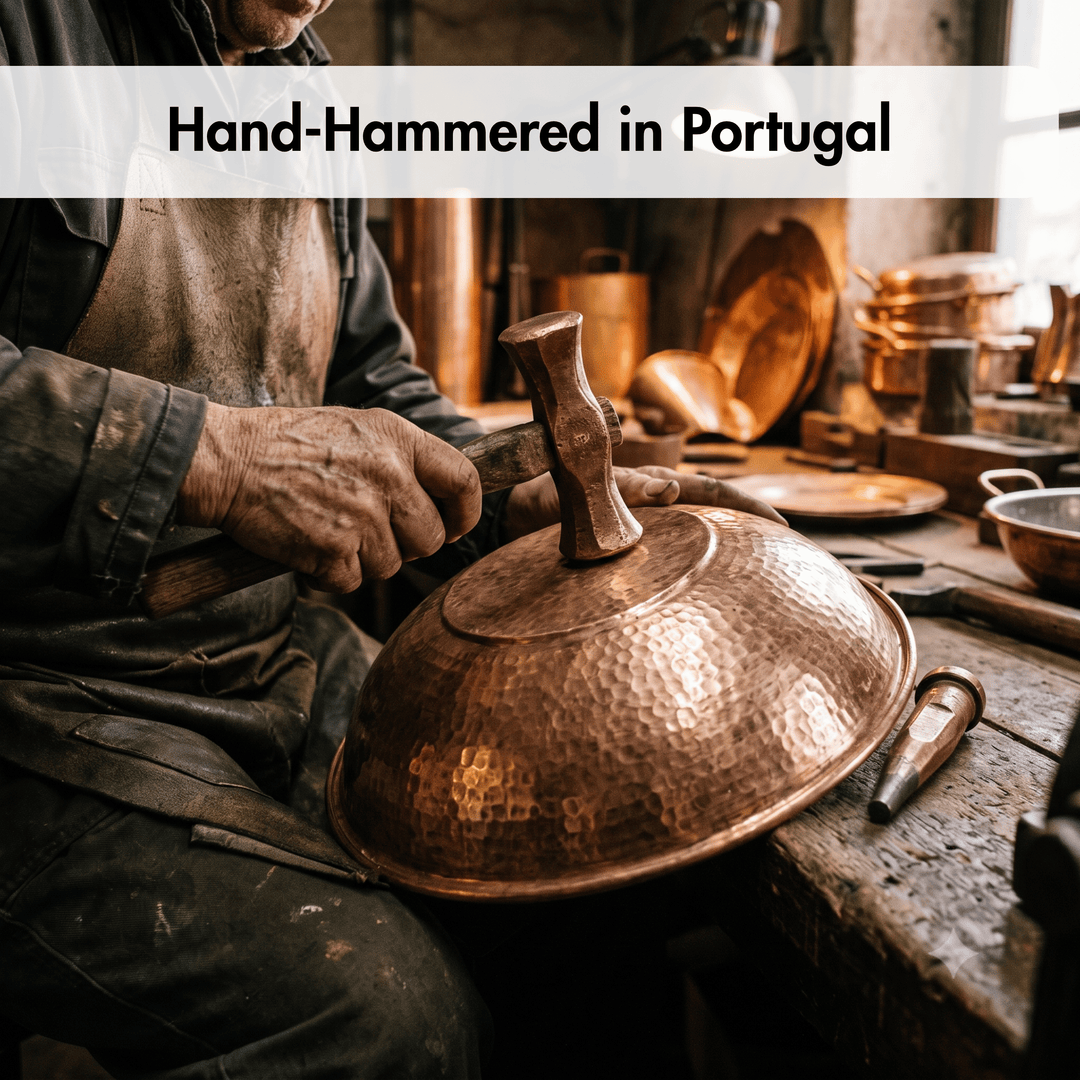 A hammered copper pot lid being shaped by a craftsman with a hand-hammer in a rustic workshop, with text overlay reading &