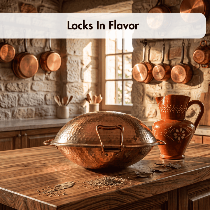 APortuguese Cataplana and a terracotta pitcher sit on a wooden kitchen counter, with copper pots hanging on the wall behind them. Text at the top reads &