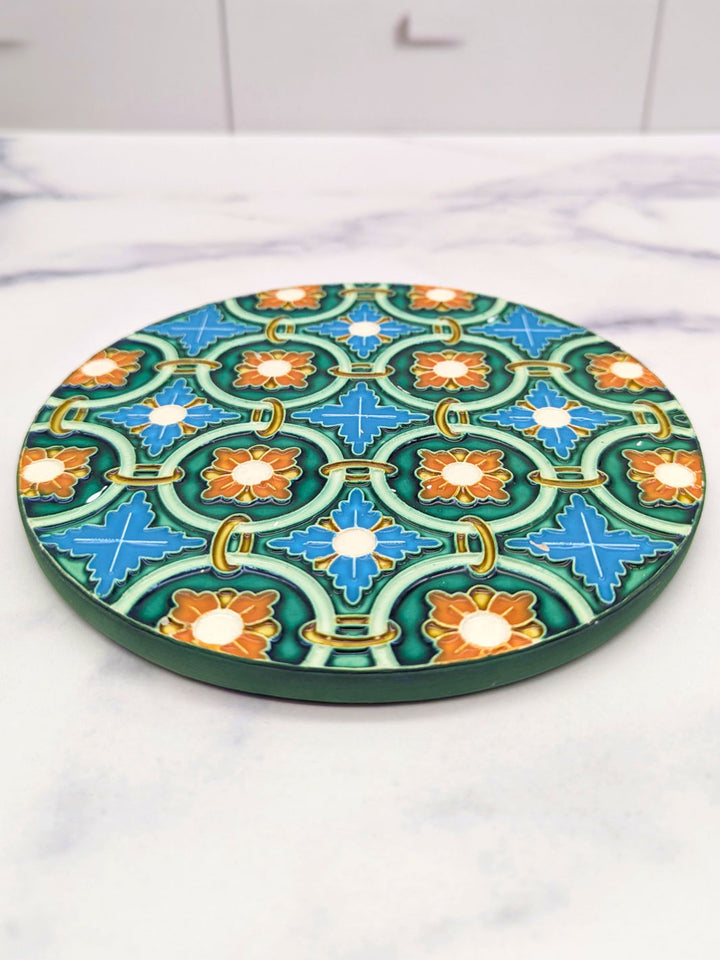 Hand-Painted Portuguese Ceramic Tile Round Trivet – Azulejos Design