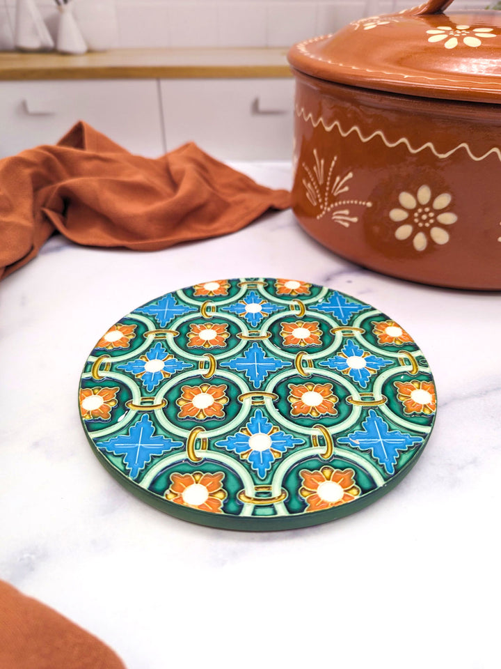 Hand-Painted Portuguese Ceramic Tile Round Trivet – Azulejos Design