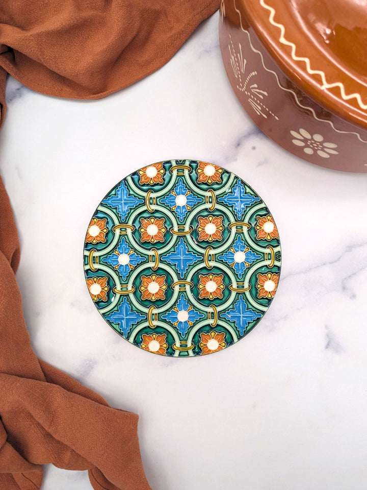 Hand-Painted Portuguese Ceramic Tile Round Trivet – Azulejos Design