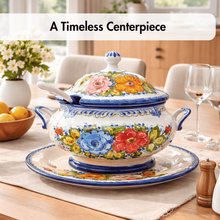 A hand-painted ceramic tureen with a matching lid and saucer, decorated with vibrant floral motifs in blue, red, pink, and yellow. It is styled on a wooden dining table with a placemat, wine glasses, and a bowl of lemons in the background, under the text overlay &
