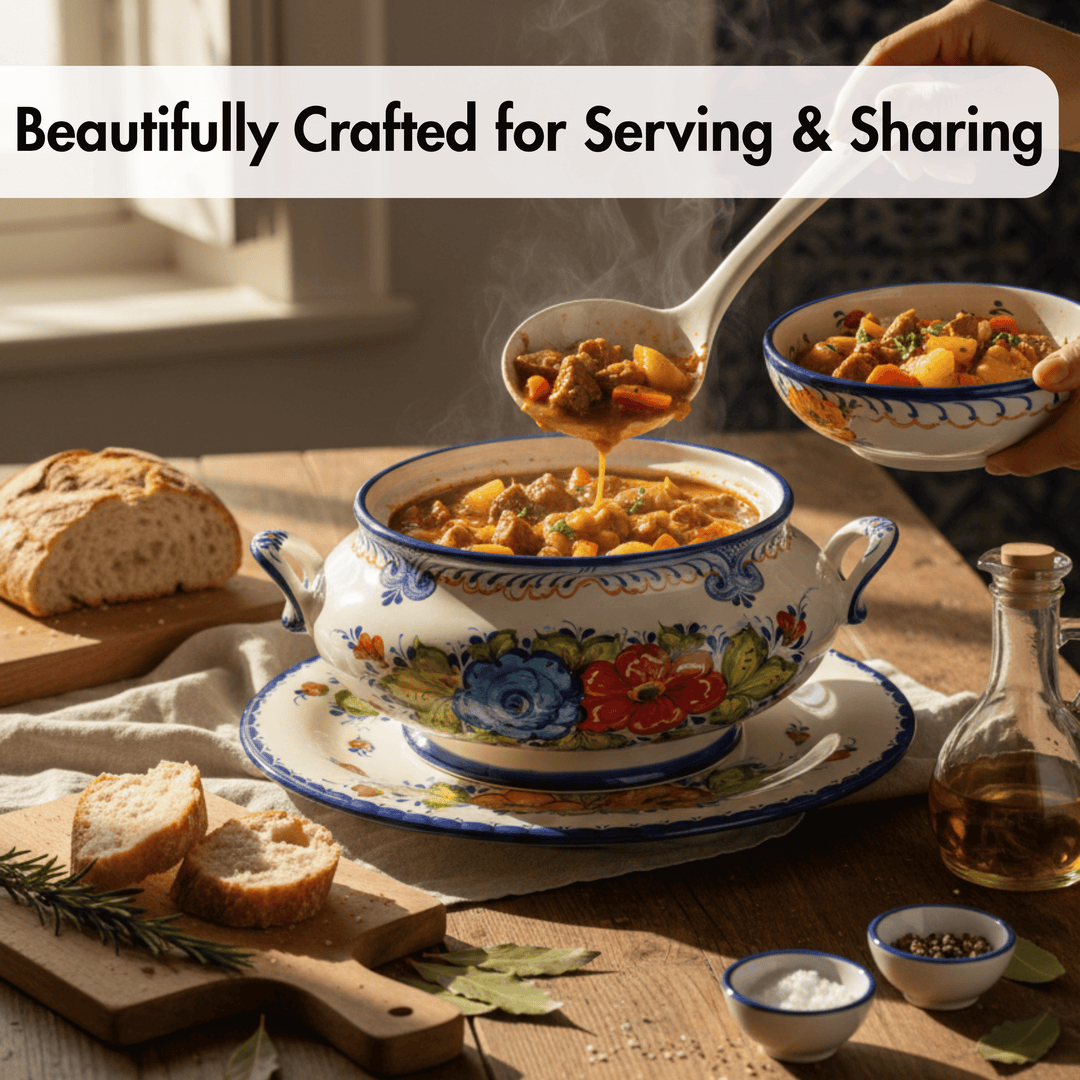 A large ceramic soup bowl with floral blue, red, and gold patterns sits on a matching saucer on a wooden table, with a hand ladle-ing hot stew into a smaller matching bowl. Bread, a bottle of oil, and small bowls of seasoning are arranged around it in a warm kitchen setting.