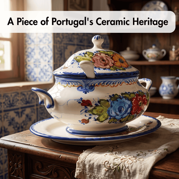 A large white ceramic tureen with a matching lid and saucer, decorated with colorful floral motifs and blue trim, displayed on a wooden table in a rustic kitchen setting. A text banner at the top reads &