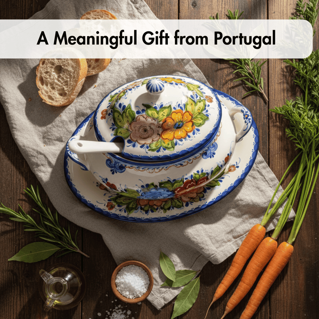 A hand-painted Portuguese ceramic lidded saucepan and matching saucer set, styled on a rustic wooden table with bread, carrots, rosemary, and a small bottle of oil. A text banner at the top reads &
