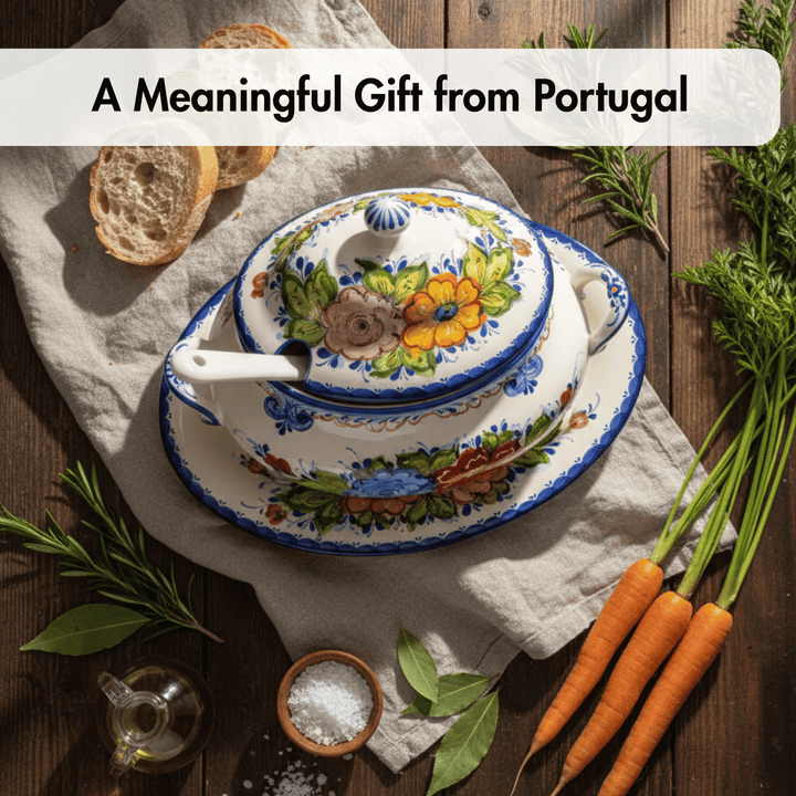 A hand-painted Portuguese ceramic lidded saucepan and matching saucer set, styled on a rustic wooden table with bread, carrots, rosemary, and a small bottle of oil. A text banner at the top reads &