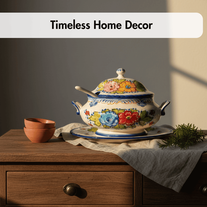 A decorative ceramic tureen with a floral pattern sits on a wooden table draped with a gray cloth, alongside two small terracotta bowls and a sprig of greenery. A white banner at the top reads &