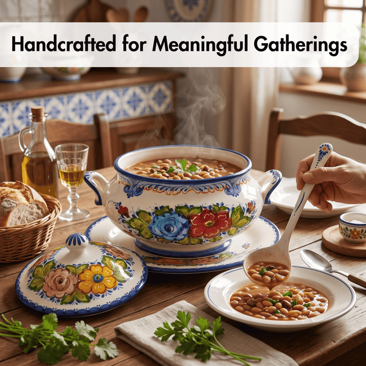 A hand holds a ladle over a bowl of soup in a warmly lit dining setting. The main product appears to be a decorative ceramic soup pot and matching lidded pot with floral hand-painted patterns, shown on a wooden table with bread, a glass, and other tableware.