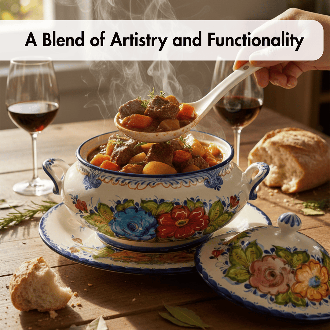 A ceramic soup bowl with a colorful floral hand-painted design sits on a wooden table, filled with a hearty stew and being ladled by a hand. Two glasses of red wine, a loaf of bread, and a piece of crusty bread are arranged around it, with a text banner at the top reading &