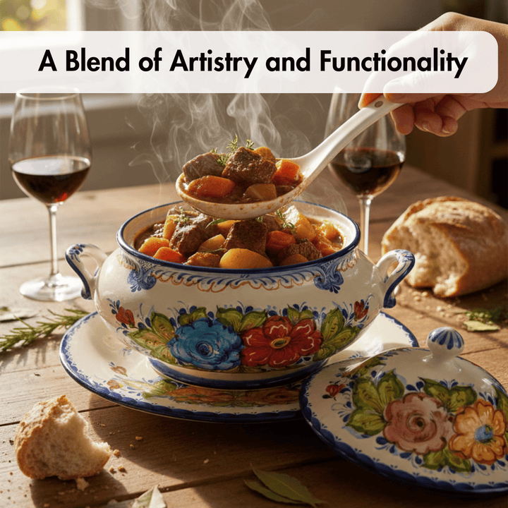 A ceramic soup bowl with a colorful floral hand-painted design sits on a wooden table, filled with a hearty stew and being ladled by a hand. Two glasses of red wine, a loaf of bread, and a piece of crusty bread are arranged around it, with a text banner at the top reading &