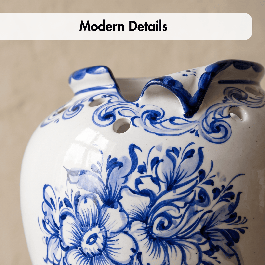Hand Painted Blue &amp; White Portuguese Pottery Ceramic Decorative Flower Vase
