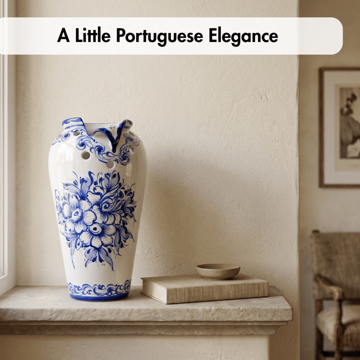 Hand Painted Blue &amp; White Portuguese Pottery Ceramic Decorative Flower Vase