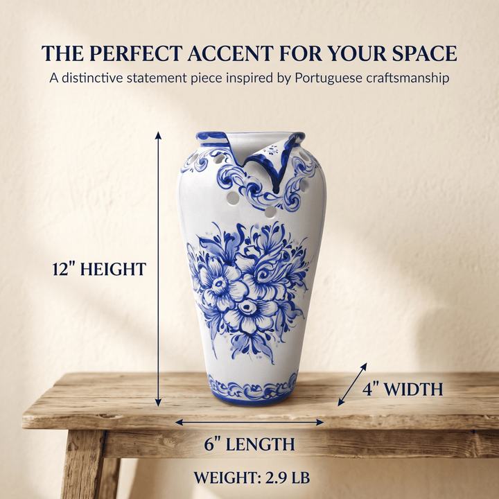 Hand Painted Blue &amp; White Portuguese Pottery Ceramic Decorative Flower Vase