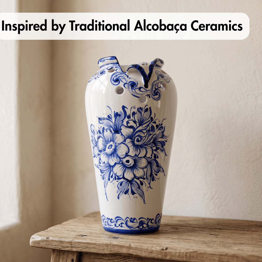 Hand Painted Blue &amp; White Portuguese Pottery Ceramic Decorative Flower Vase