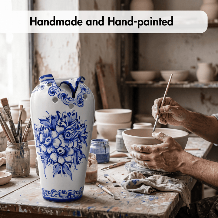 Hand Painted Blue &amp; White Portuguese Pottery Ceramic Decorative Flower Vase