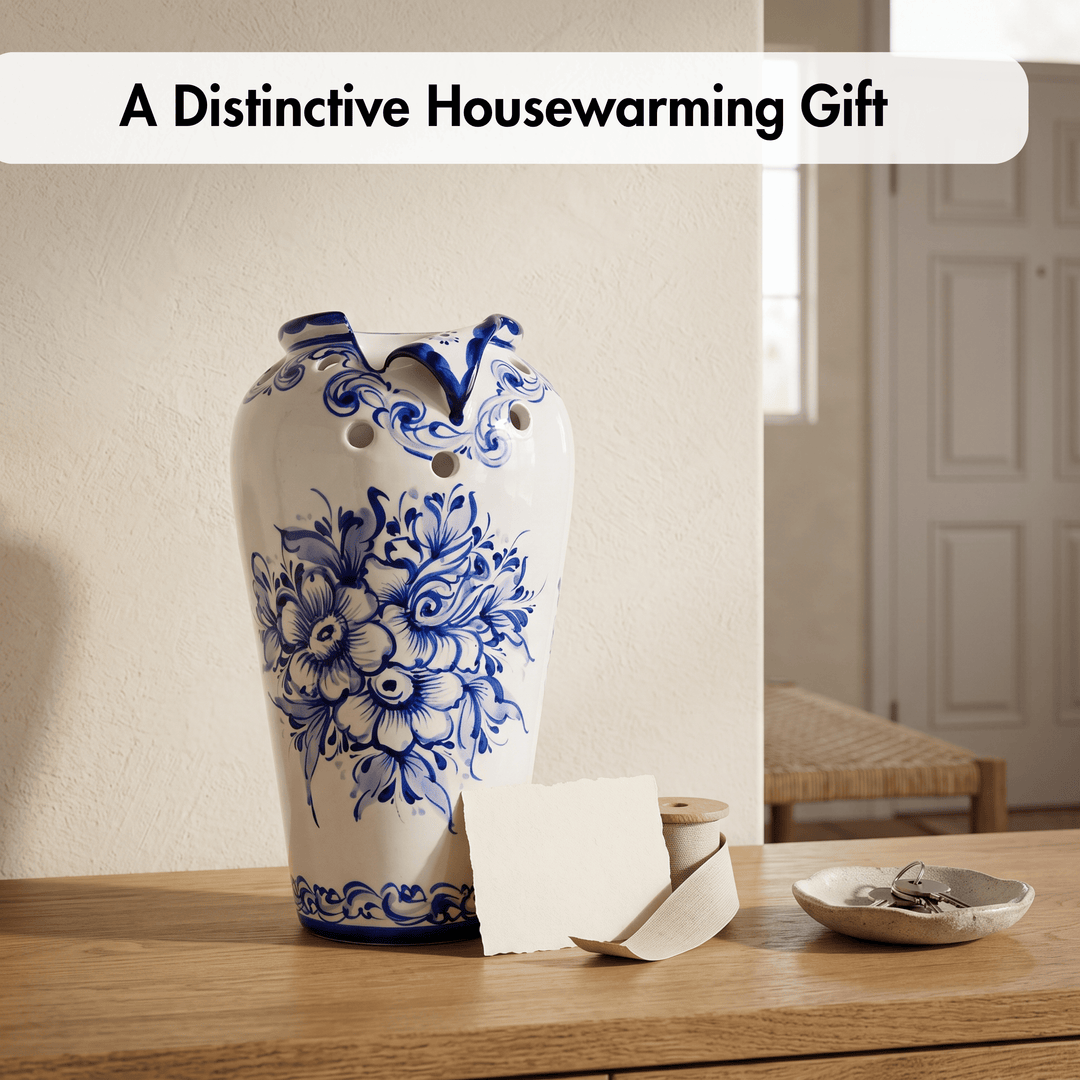Hand Painted Blue &amp; White Portuguese Pottery Ceramic Decorative Flower Vase
