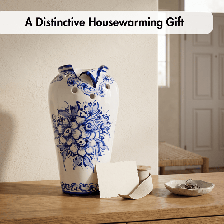 Hand Painted Blue &amp; White Portuguese Pottery Ceramic Decorative Flower Vase