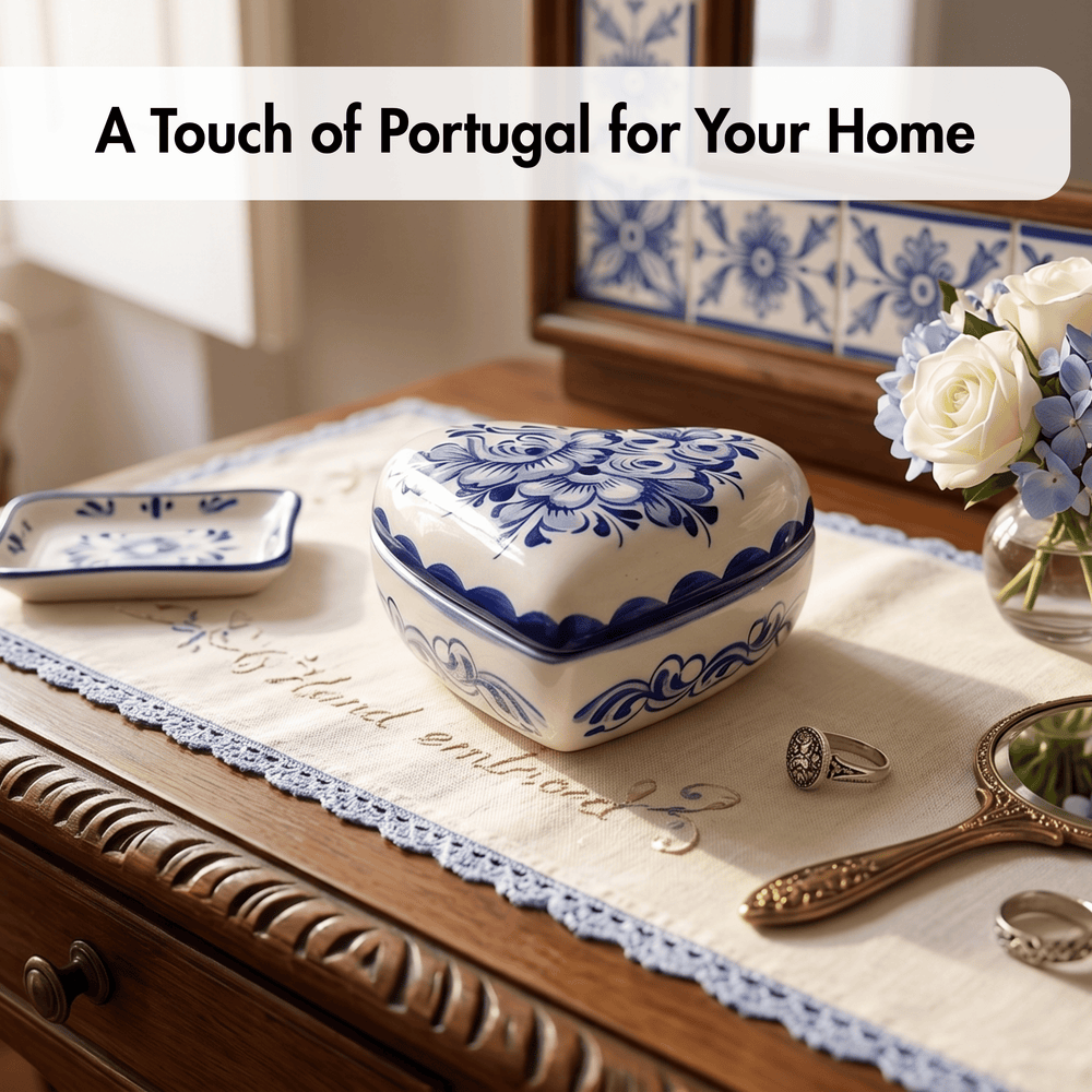 A heart-shaped ceramic box with blue floral patterns on a white glaze, styled on a wooden dresser alongside a matching small dish, rings, a hand mirror, and white roses. Text overlay at the top reads 'A Touch of Portugal for Your Home'.
